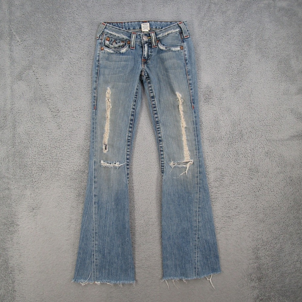 True Religion Joey Super T Flare Jeans 25 Distressed Low Rise Light Wash USA